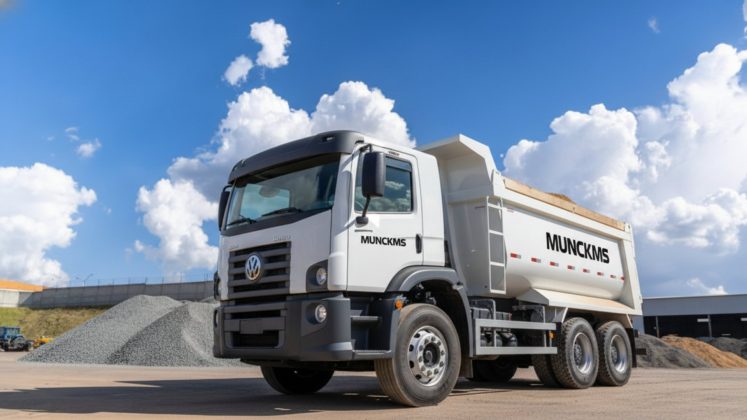 Caminhão Caçamba carregado em canteiro de obra